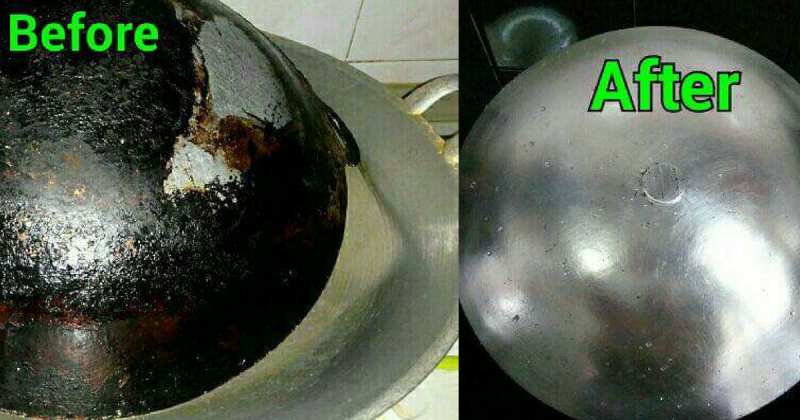 Kuali dengan kesan hitam di bahagian bawah yang perlu dibersihkan