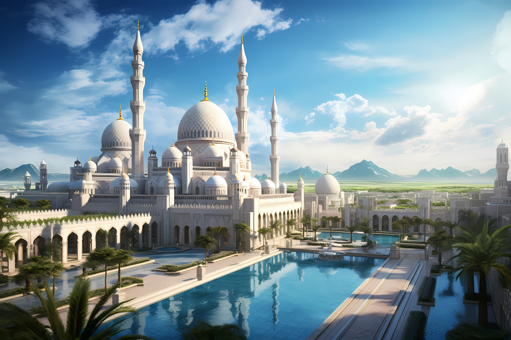 Ilustrasi wanita muslimah berpakaian tradisional Andalusia membaca buku di perpustakaan istana Cordoba.
