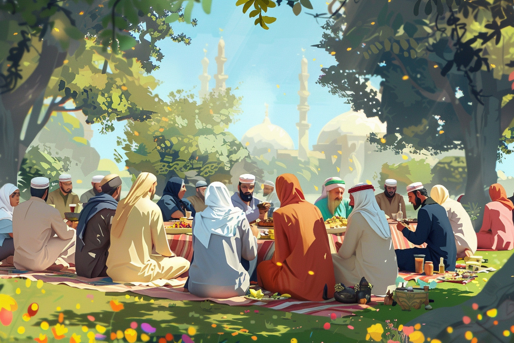 Ilustrasi orang menghadiri majlis ilmu di masjid dengan suasana tenang dan penuh keberkatan.