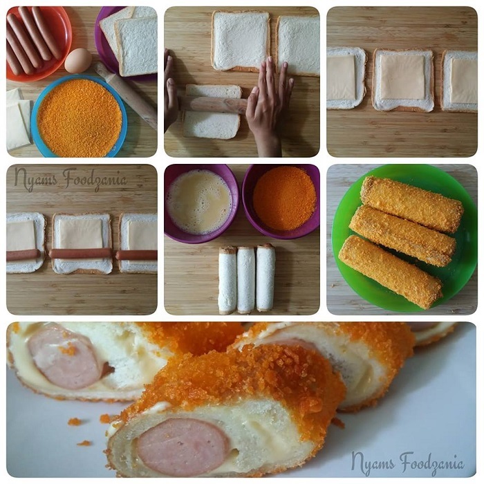 Roti digulung dengan sosej dan keju, sedang disiapkan