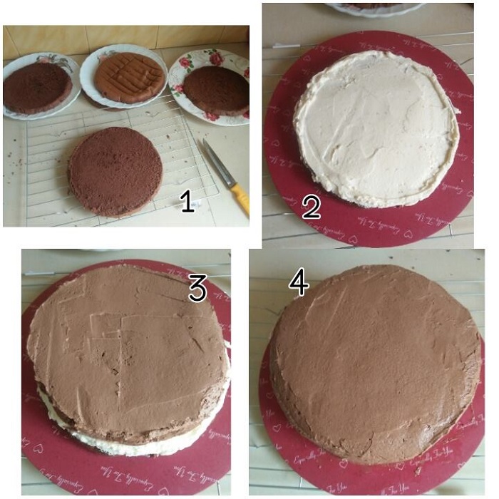 Proses melapis kek dengan krim coklat