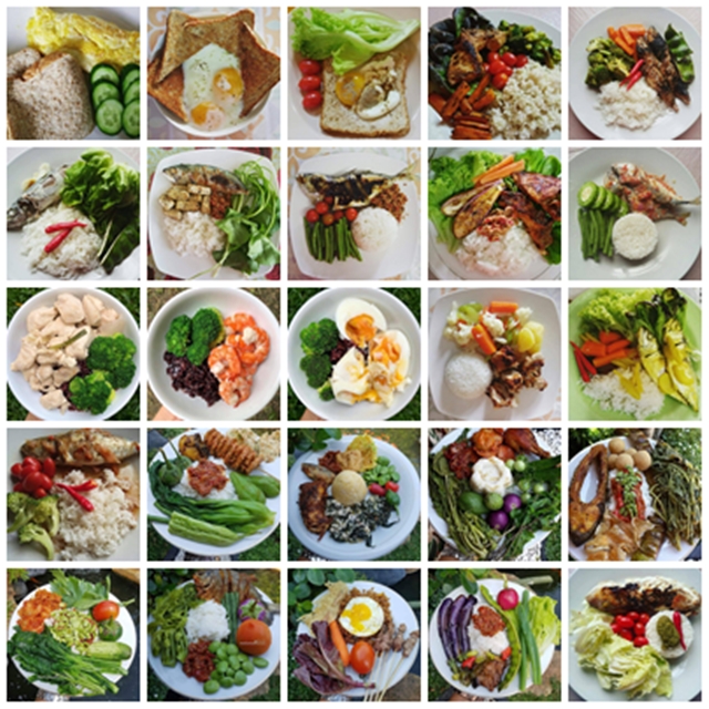 Pelbagai makanan sihat seperti buah-buahan, sayur-sayuran, dan salad untuk jadual diet seimbang.
