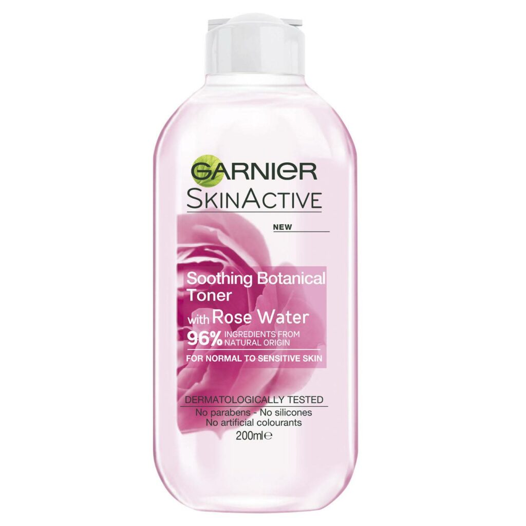 Botol Garnier Soothing Botanical Toner dengan air mawar