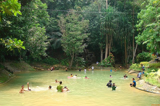 Pemandangan air terjun dan hutan di Bukit Ayer