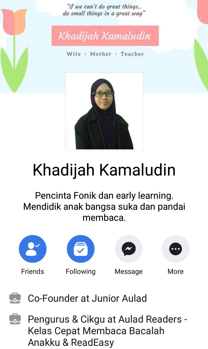 Puan Khadijah Kamaluddin, guru fonik dari Setia Alam.