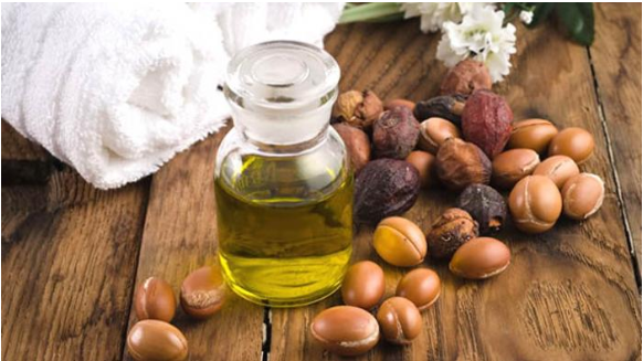 Botol kaca berisi minyak argan asli dengan biji pohon argan di latar belakang