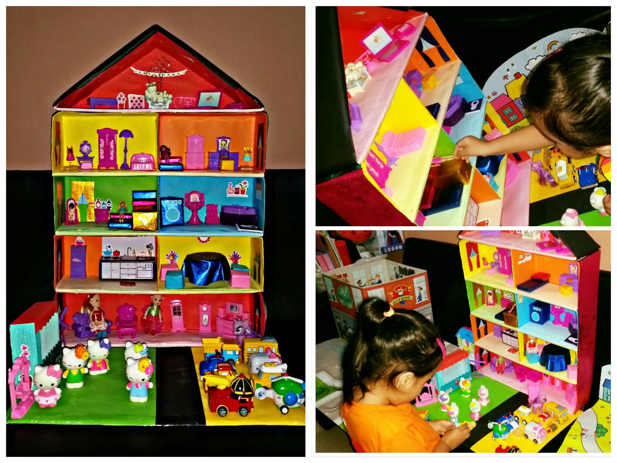 Doll house buatan sendiri yang dihias dengan kertas warna berkilat dan pelbagai perabot mini dalam kotak berlapis.