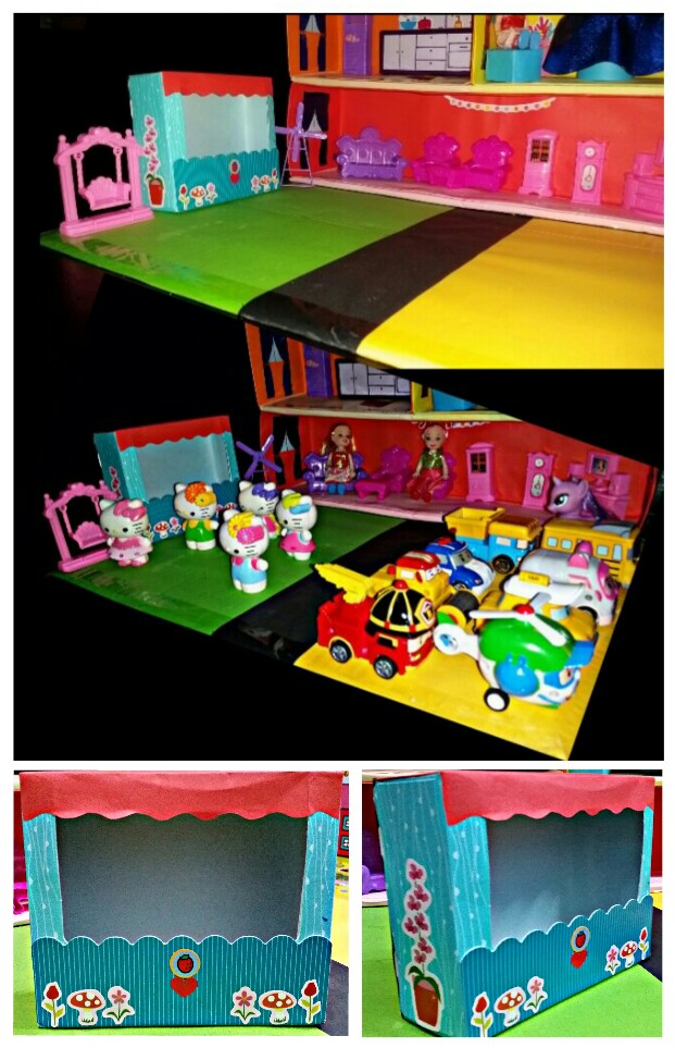 Bahagian halaman hadapan doll house dengan pokok kadbod