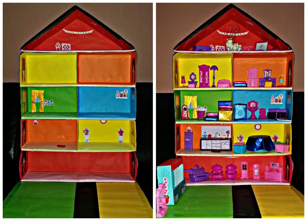 Proses mewarnai dan membina doll house kadbod