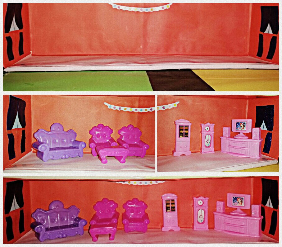 Ruang tamu mini doll house dengan sofa dan televisyen kadbod