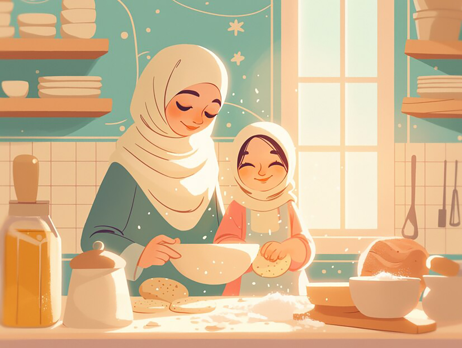Ilustrasi pemakanan sihat cara Rasulullah SAW dengan buah kurma, madu, dan bijirin.