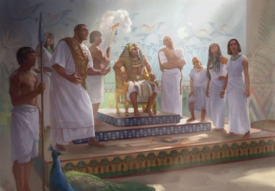 Ilustrasi Nabi Musa memegang tongkat menghadap Firaun di istana Mesir.
