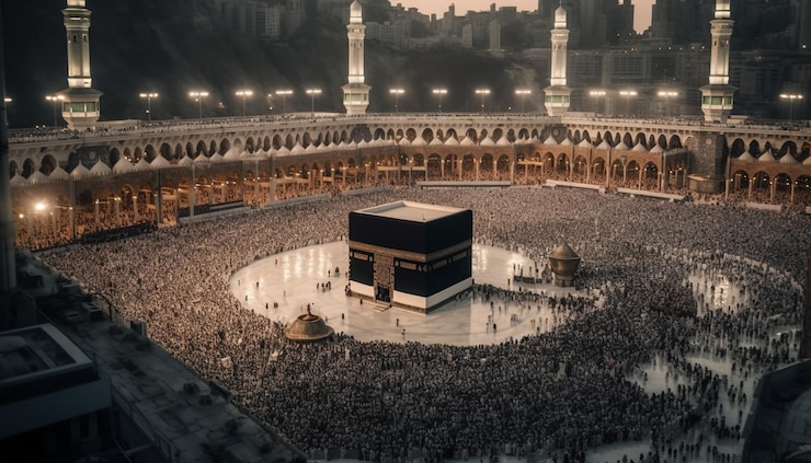 Menara masjid bercahaya pada waktu malam sebagai simbol spiritualiti