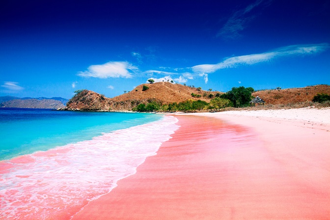 Pemandangan laut dan pantai berpasir merah jambu di Pink Beach Lombok Indonesia