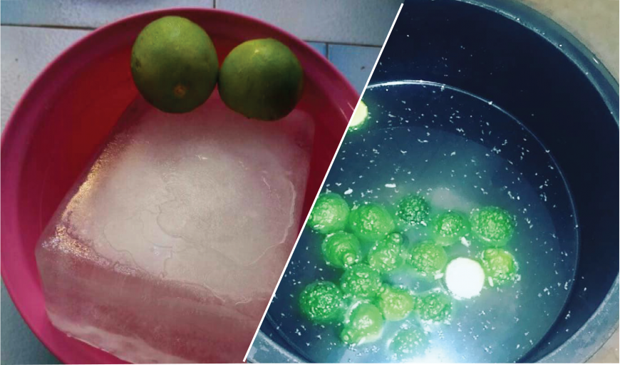 Baldi berisi air campuran limau dipotong untuk amalan mandi limau
