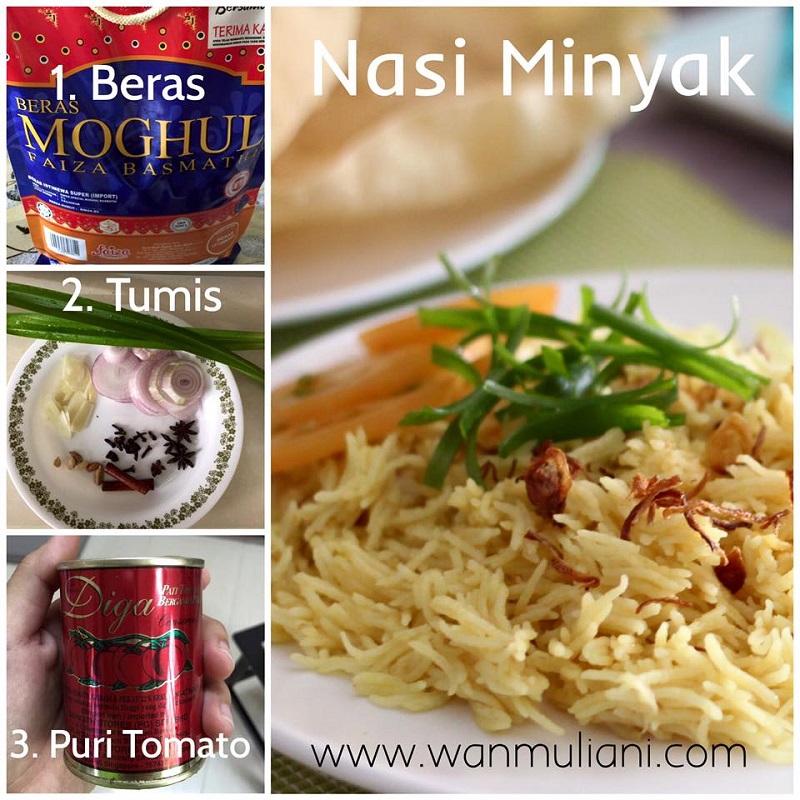 Sebuah pinggan berisi nasi minyak Terengganu yang berwarna keemasan bersama lauk ayam masak merah dan gulai daging.