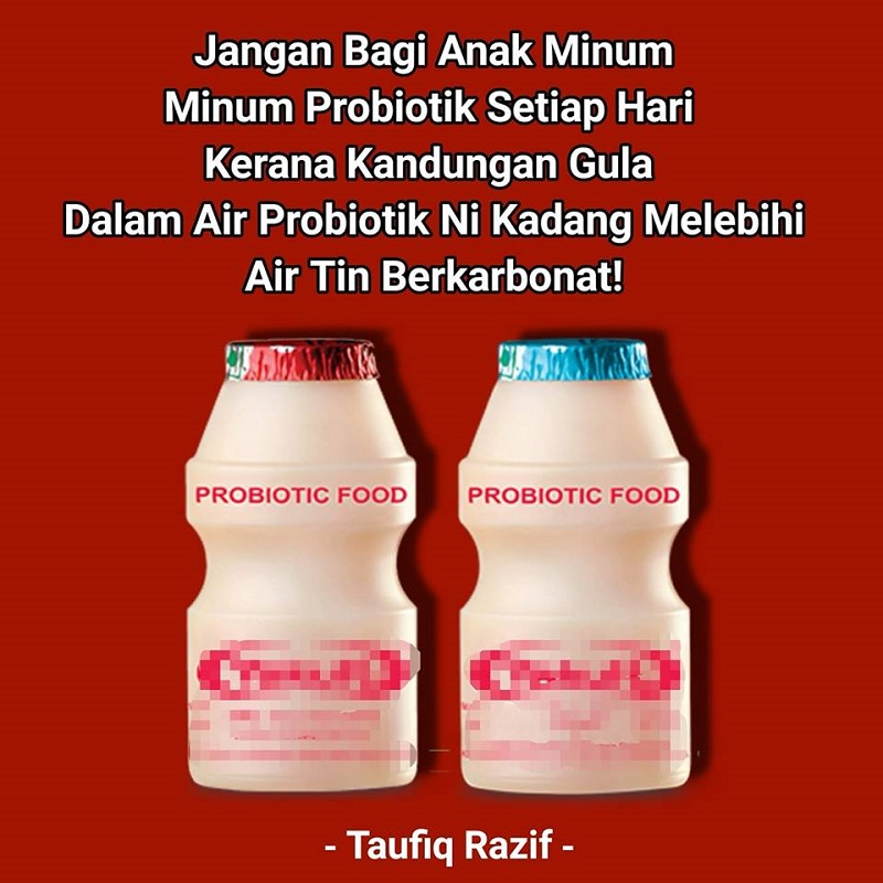 Gambar botol minuman probiotik dengan perkataan probiotik di atas latar belakang biru