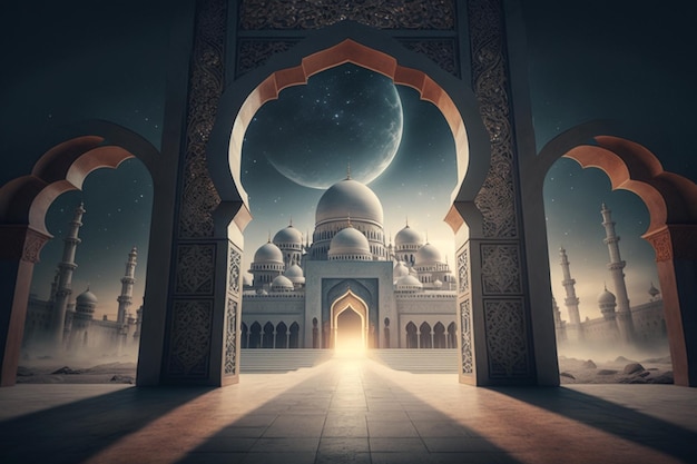 Ilustrasi orang berpuasa di bulan Ramadan dengan masjid dan lentera.