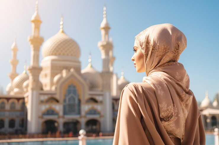 Wanita berhijab bersih melihat masjid dari belakang
