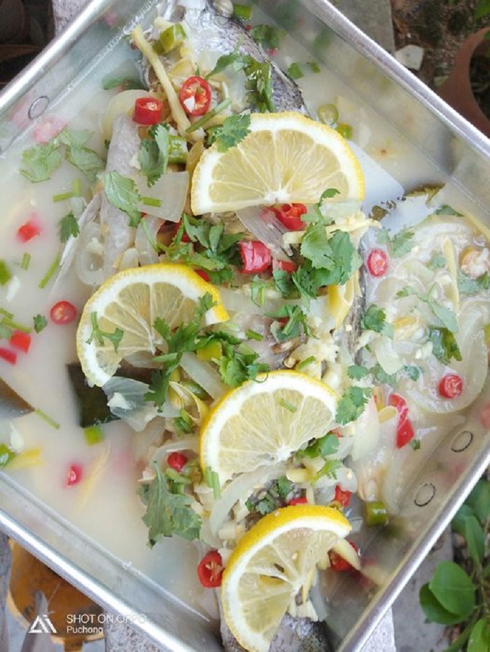 Ikan siakap stim lemon dengan hirisan lemon