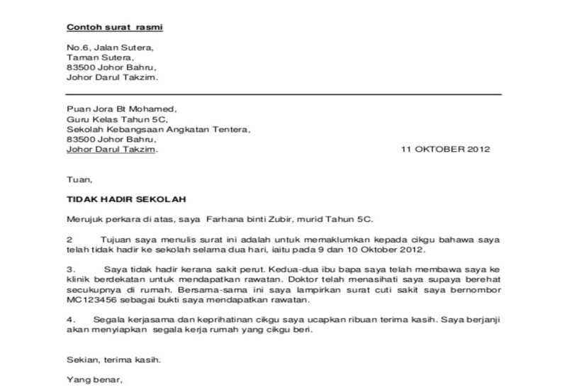 Contoh surat tidak hadir ke sekolah yang ditulis oleh ibu bapa