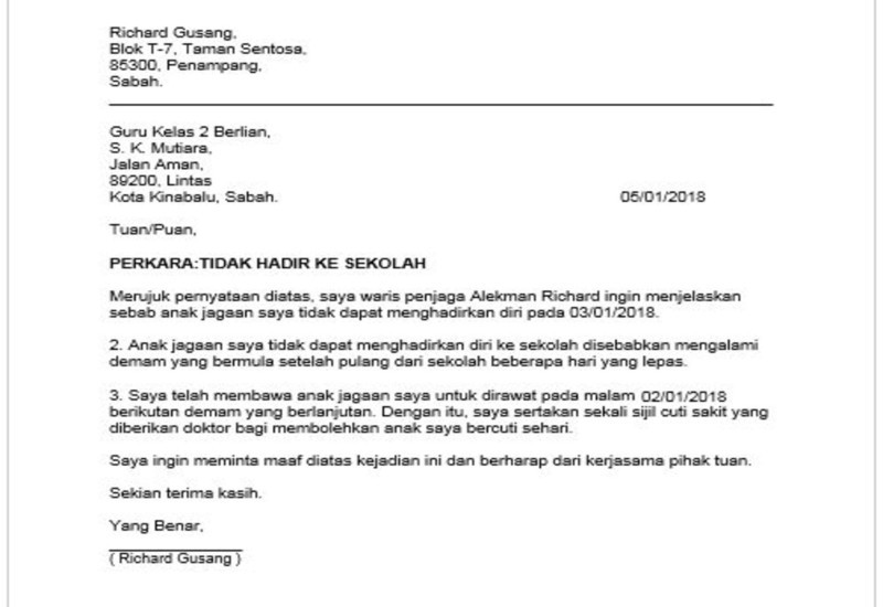 Gambar lembaran kertas putih sebagai contoh surat rasmi cuti sakit anak tidak hadir ke sekolah.
