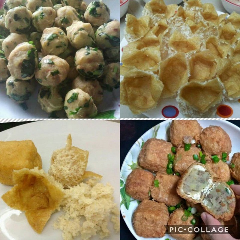 Pelbagai bentuk tauhu bergedil yang telah digoreng dengan sos cili sebagai pencicah.