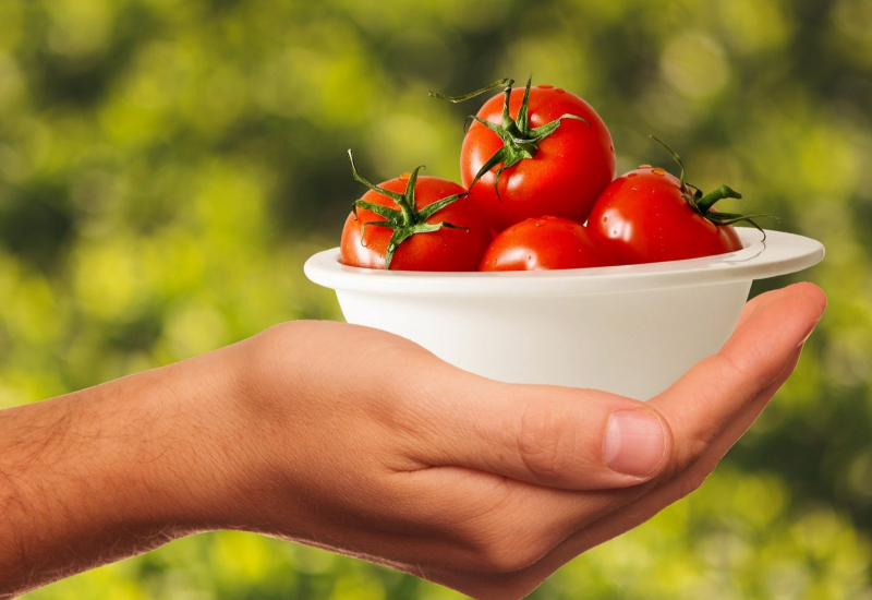 Ibu makan tomato segar bersama anak perempuan kecil di dapur